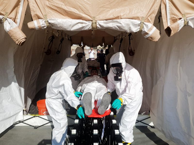 First responders and medical specialists in protective hazmat suits during STCU chemical, biological, radiological, and nuclear emergency training in Baku, Azerbaijan
