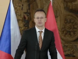 Hungarian Foreign Minister Péter Szijjártó at a press conference in Prague