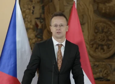 Hungarian Foreign Minister Péter Szijjártó at a press conference in Prague