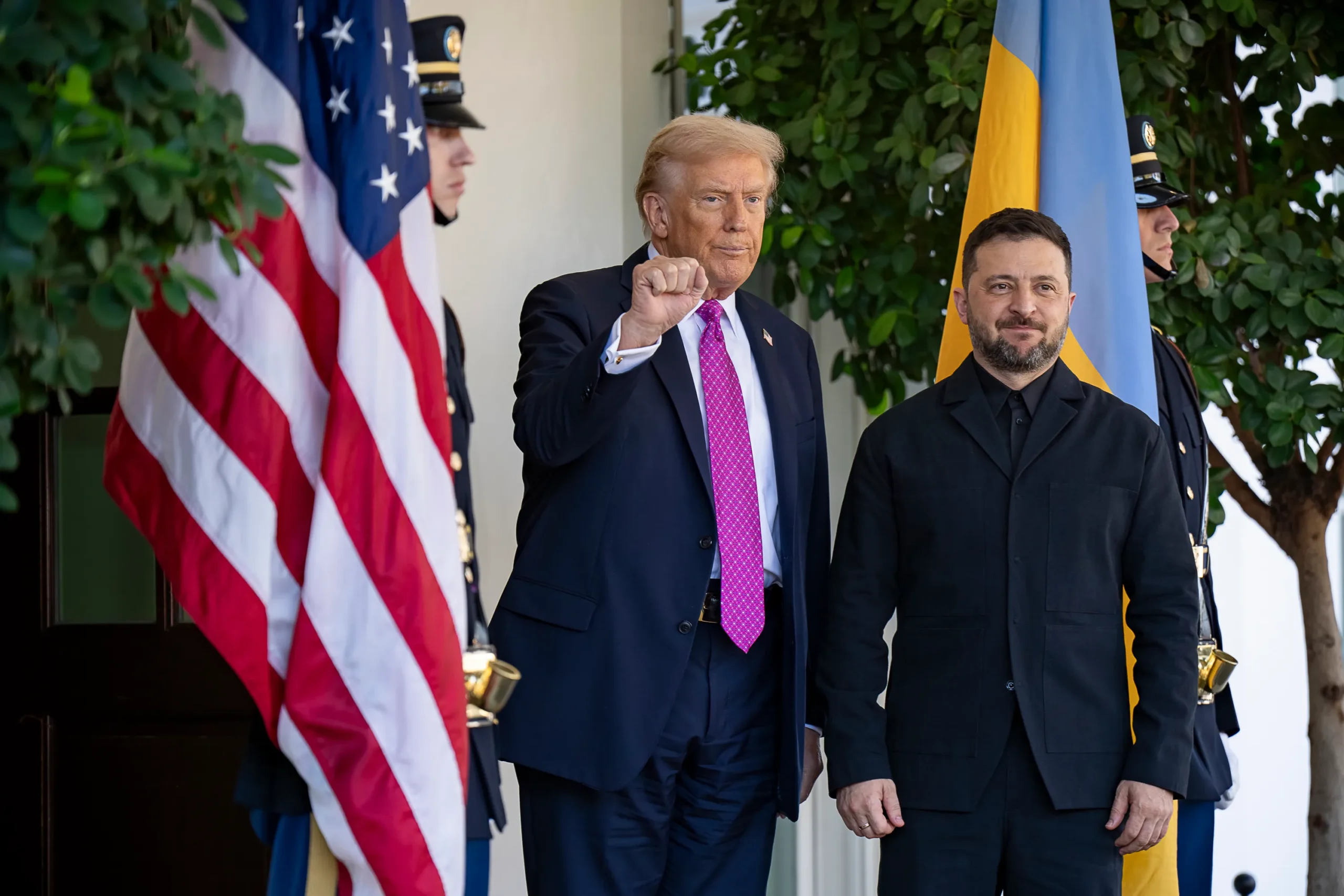 Trump raises his fist beside Zelensky at the White House — some time later, he would tell the NYT that Ukraine's president "has only one thing: Donald Trump."