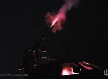 Ukrainian air defense unit from the 58th Separate Motorized Infantry Brigade fires an interceptor missile at night to countering Russian aerial attacks