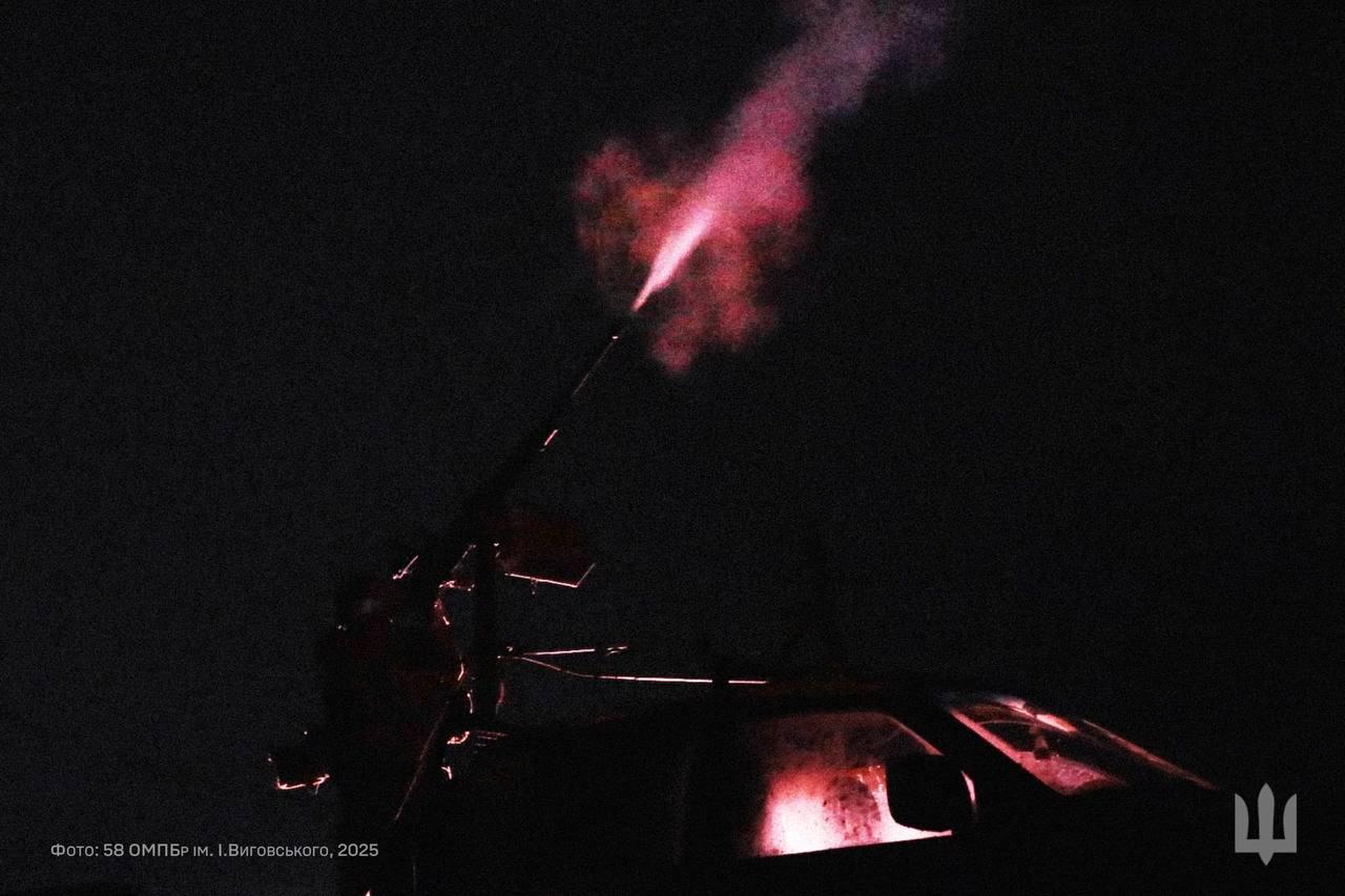 Ukrainian air defense unit from the 58th Separate Motorized Infantry Brigade fires an interceptor missile at night to countering Russian aerial attacks