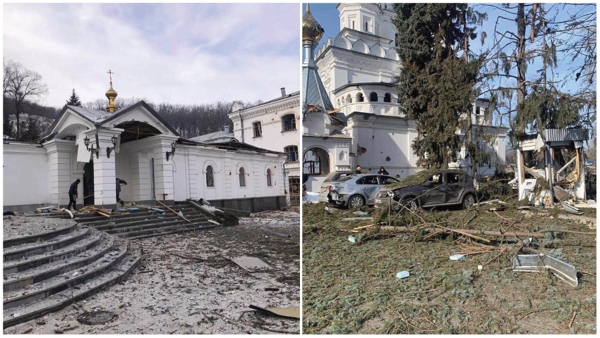 Composite photo showing damage to Sviatohirsk Lavra Orthodox monastery from Russian bombing in March 2022, with debris scattered across church grounds and damaged buildings