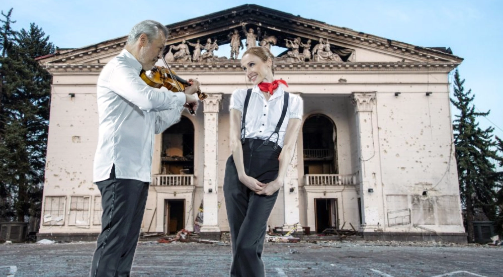 Composite photo showing violinist Vadim Repin and ballerina Svetlana Zakharova performing in front of the war-damaged Mariupol Drama Theater, its facade scarred by shelling and roof partially destroyed.