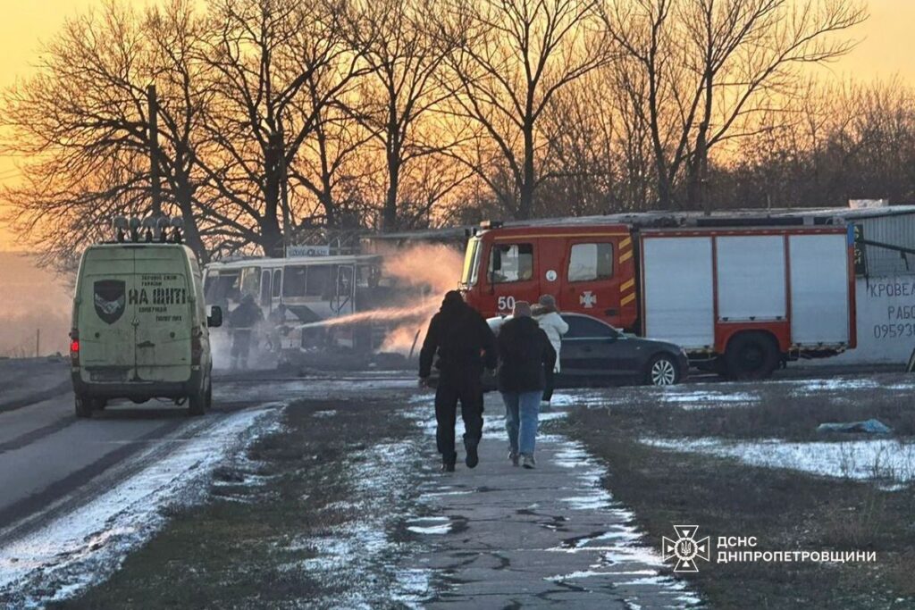 Aftermath a Russian strike on a service bus carrying energy workers in Ukraine's Dnipropetrovsk Oblast. Photo: DSNS Dnipropetrovsk Oblast
