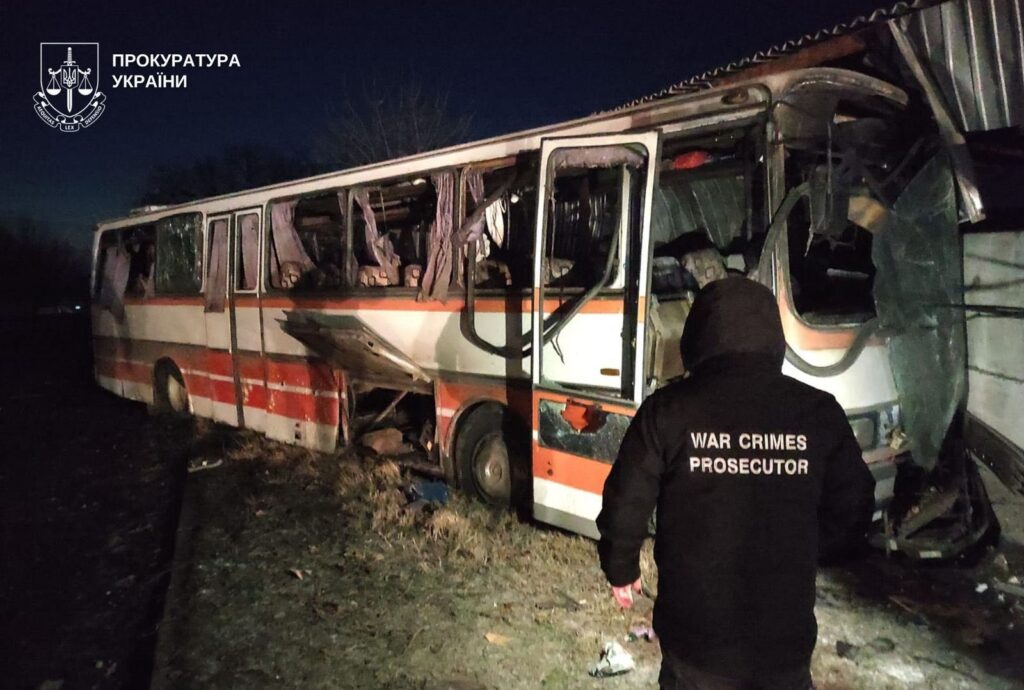 Aftermath a Russian strike on a service bus carrying energy workers in Ukraine's Dnipropetrovsk Oblast. Photo: Office of the Prosecutor General, Ukraine