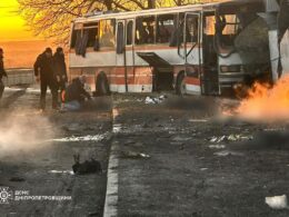 Aftermath a Russian strike on a service bus carrying energy workers in Ukraine's Dnipropetrovsk Oblast. Photo: DSNS Dnipropetrovsk Oblast