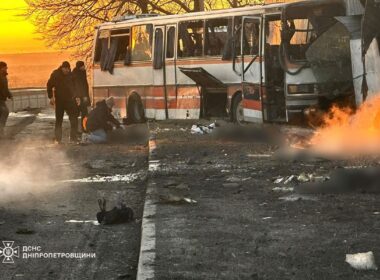 Aftermath a Russian strike on a service bus carrying energy workers in Ukraine's Dnipropetrovsk Oblast. Photo: DSNS Dnipropetrovsk Oblast