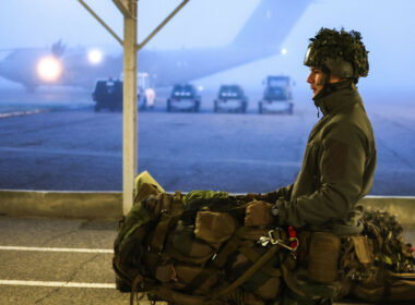 French paratrooper prepares to board A400M during Exercise Orion in France, February 2026