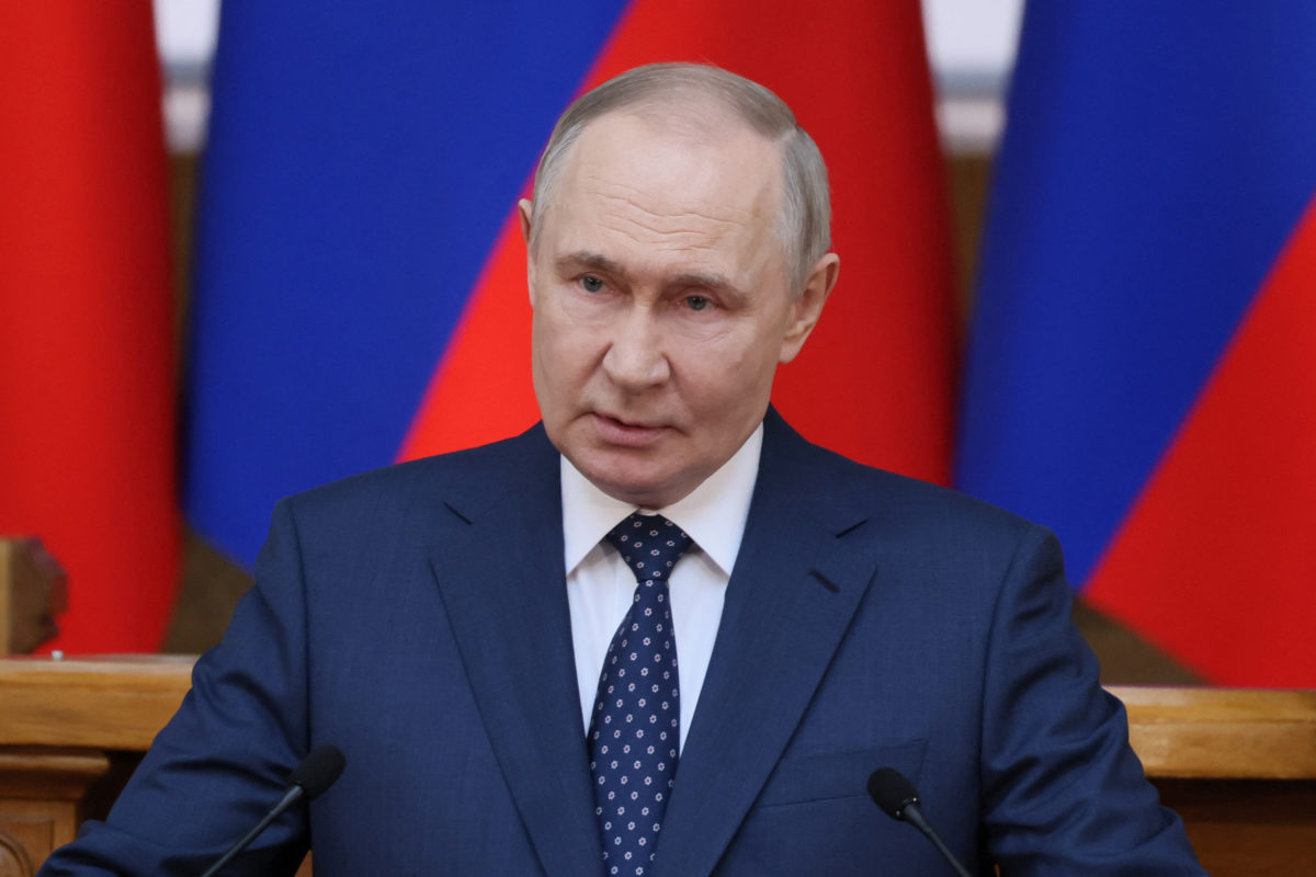 Russian President Vladimir Putin delivers a speech during а meeting of the Federal Assembly's Council of Legislators in Saint Petersburg, Russia April 28, 2025. Sputnik/Mikhail Metzel/Pool via REUTERS ATTENTION EDITORS - THIS IMAGE WAS PROVIDED BY A THIRD PARTY.