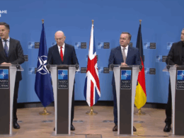 NATO Secretary General Mark Rutte, UK Defence Secretary John Healey, German Defence Minister Boris Pistorius and Ukrainian Defence Minister Mykhailo Fedorov speak to journalists following a meeting of the Ukraine Defense Contact Group (Ramstein format) at NATO headquarters in Brussels on 12 February 2026.