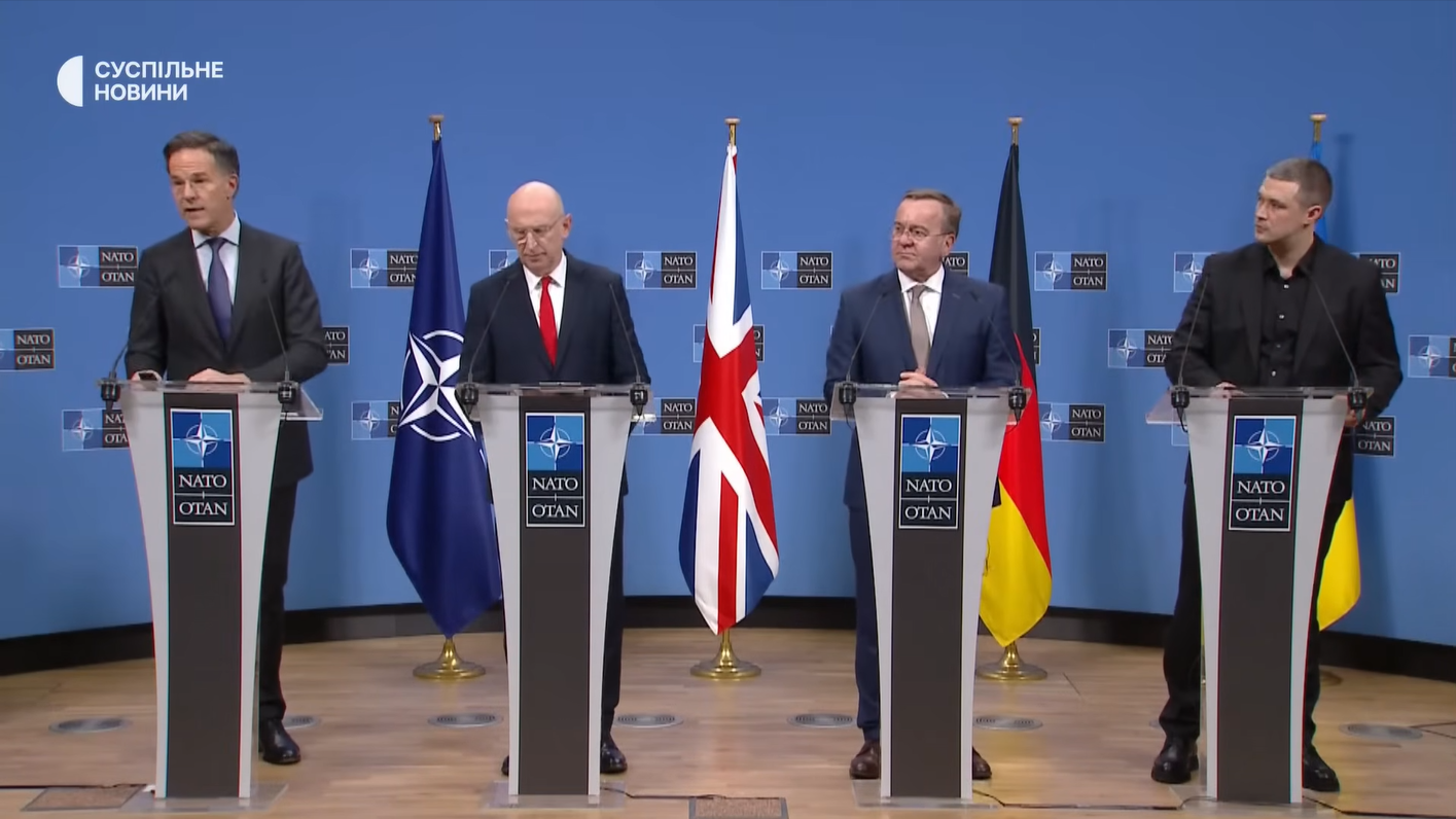 NATO Secretary General Mark Rutte, UK Defence Secretary John Healey, German Defence Minister Boris Pistorius and Ukrainian Defence Minister Mykhailo Fedorov speak to journalists following a meeting of the Ukraine Defense Contact Group (Ramstein format) at NATO headquarters in Brussels on 12 February 2026.