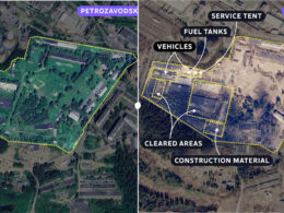 Satellite view of Petrozavodsk garrison showing cleared areas, construction material, and new military infrastructure development between 17 June 2024 and 27 April 2025. Image: Juha Rissanen / Yle, source: Google Earth, Airbus