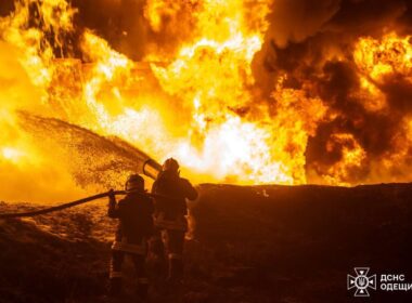 Emergency workers responding to a blaze at a rail depot in Odesa Oblast, 15 February 2026. Photo: DSNS Odesa Oblast