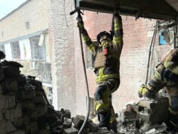 An Emergency Service worker at the residential house damaged after a Russian attack in Dnipropetrovsk Oblast on 24 March 2026. Source: DSNS