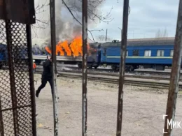 russia struck two trains within 24 hours — ukrzaliznytsia says rolling stock now primary target · post passenger carriage burns mykolaiv railway station after russian drone strike 4 2026 у