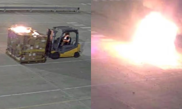 Fire started from a parcel bomb linked to Russian military intelligence. Leipzig, 22 July 2024. Photos: WSJ via Daily Mail