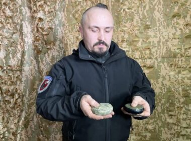 Volodymyr Perepelytsia, head of the explosive ordnance department of the National Police in Kherson, showing new Russian 3D-printed mines which were scattered in Kherson. Photo: 30th Marine Corps of the Ukrainian Navy