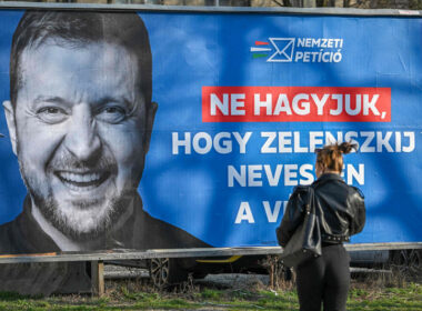 A Fidesz campaign billboard in Budapest portrays Zelenskyy as a warmonger ahead of Hungary's April 2026 election.