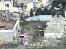 how fpv drones saved two ukrainian pows isolate strike evacuate · post drone view shows moment before rescue operation — russian soldier (marked flag) flags) destroyed settlement zaporizhzhia oblast capture