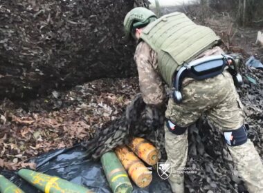 gunners can carry small car's weight shells every day — ukraine fields exoskeletons pokrovsk front · post artilleryman 147th separate artillery brigade wearing exoskeleton picks up combat position direction 2026