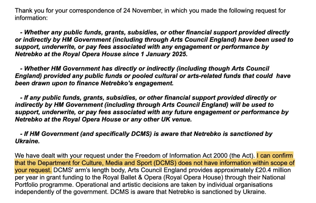 Netrebko protest London UK FCDO public funds
