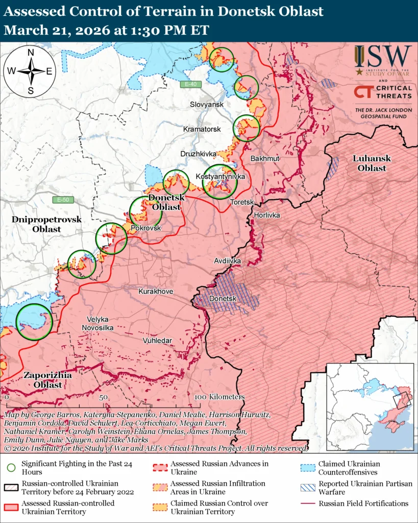 isw russia has likely begun its anticipated spring-summer 2026 offensive against ukraine's fortress belt donetsk oblast · post assessed control terrain 21 donetsk-oblast-march-21-2026 russian forces have institute study war (isw)