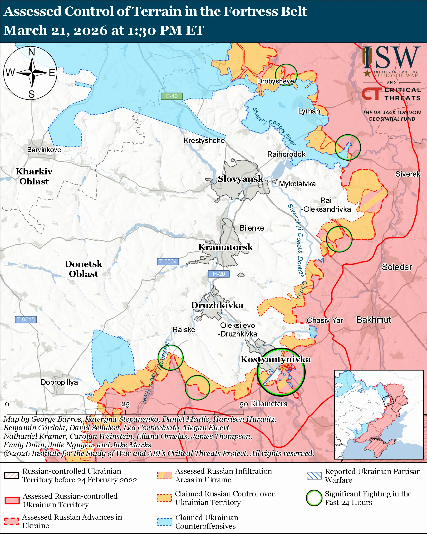 isw russia has likely begun its anticipated spring-summer 2026 offensive against ukraine's fortress belt donetsk oblast · post assessed control terrain 21 fortress-belt-march-21-2026 russian forces have institute study war (isw)