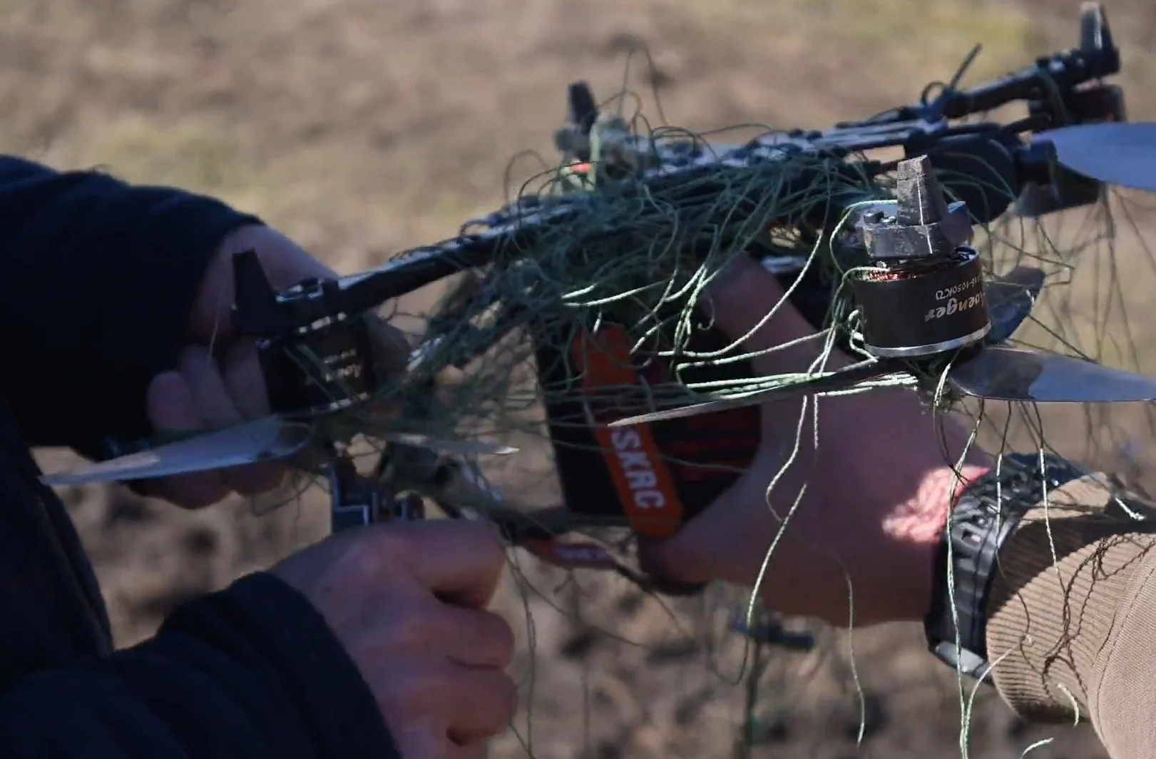 An FPV drone snared by a net fired from a Chipa net gun, developed by BlueBird Tech. Photo: BlueBird Tech via Defense Blog