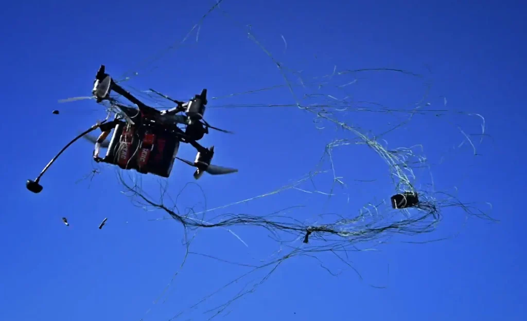 An FPV drone snared by a net fired from a Chipa net gun, developed by BlueBird Tech. Photo: BlueBird Tech via Defense Blog