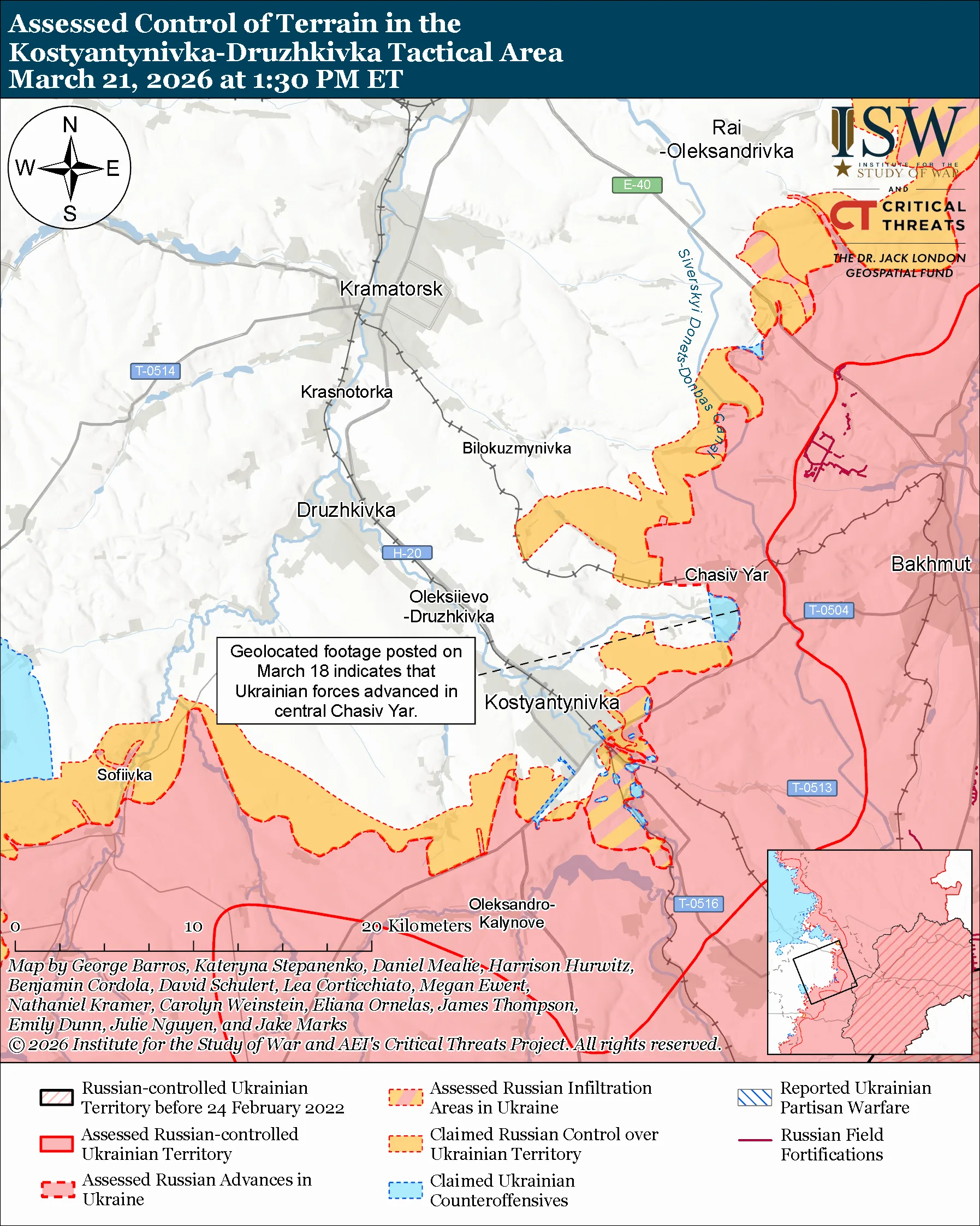 isw russia has likely begun its anticipated spring-summer 2026 offensive against ukraine's fortress belt donetsk oblast · post assessed control terrain kostiantynivka-druzhkivka tactical area 21 kostyantynivka-druzhkivka-tactical-area-march-21-2026 russian forces have institute