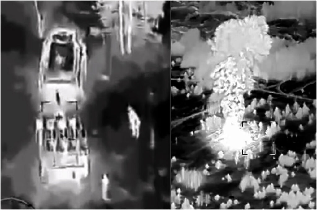Thermal drone footage shows a Russian Buk-M3 self-propelled firing unit (left) and the secondary detonation of missiles on the adjacent Buk-M2 transporter-loader (right) struck by Ukraine's 413th Separate
