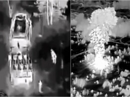 Thermal drone footage shows a Russian Buk-M3 self-propelled firing unit (left) and the secondary detonation of missiles on the adjacent Buk-M2 transporter-loader (right) struck by Ukraine's 413th Separate "Raid" Regiment of the Unmanned Systems Forces near Klintsy, Bryansk Oblast, Russia, overnight on 21-22 March 2026. 📹 Robert "Magyar" Brovdi / Telegram