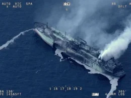 The Arctic Metagaz Russian shadow fleet vessel on fire in the Mediterranean following a reported marine drone strike.