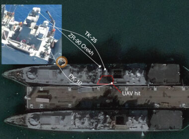 russia's frigate admiral essen can longer fire kalibr missiles after ukrainian strike sbu sources confirm · post satellite imagery uav point midship superstructure russian novorossiysk damaged systems marked pk-10 decoy