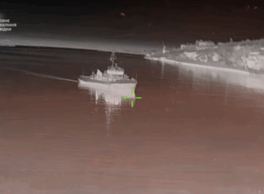 A Russian Project 1496M1 naval tug seen by a Ukrainian drone before strike, February 2026.