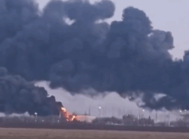 Smoke from two fires at Tikhoretsk-Nafta oil facility in Krasnodar Krai, Russia, following reported drone strikes on 12 March 2026. Screenshot from video: Exilenova+