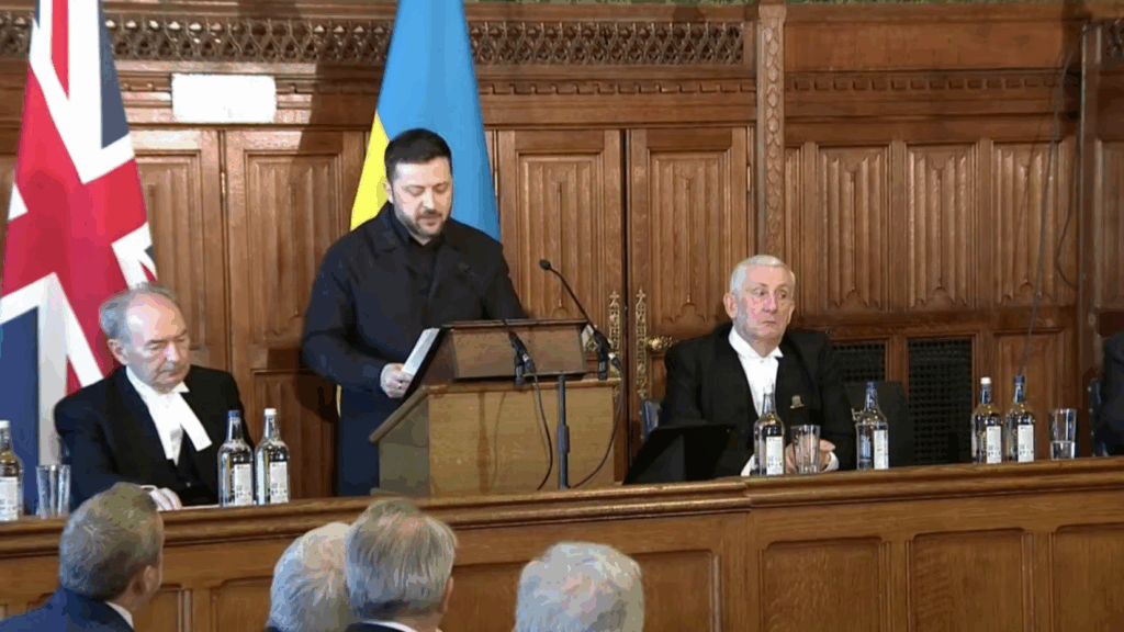 Ukrainian President Volodymyr Zelenskyy addressing the UK Parliament on 17 March 2026. Screenshot from video: Zelenskyy on Telegram