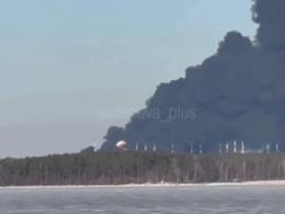 Smoke seen coming from the port of Primorsk, Russia, following a reported Ukrainian drone strike on the site, 23 March 2026. Photo: Exilenova+