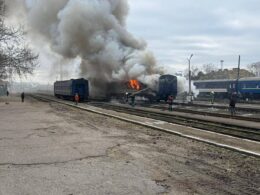 A Russian drone strike sets a passenger carriage ablaze at Mykolaiv railway station, 4 March 2026. Photo: Oleksii Kuleba