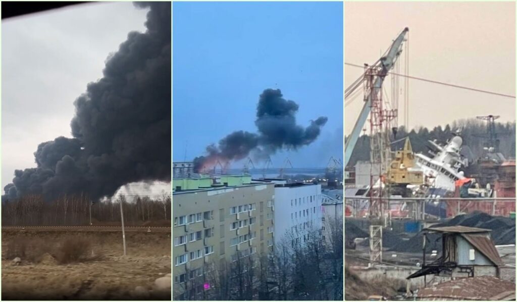 ukraine's drones reached russian gas plant near estonian border — ship finland · post fire ust-luga port (left) black smoke rising over vyborg (center) following ukrainian drone strikes leningrad oblast