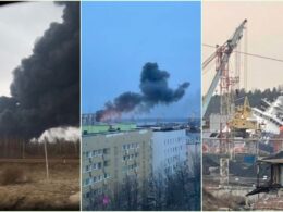 ukraine's drones reached russian gas plant near estonian border — ship finland · post fire ust-luga port (left) black smoke rising over vyborg (center) following ukrainian drone strikes leningrad oblast