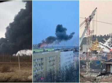 ukraine's drones reached russian gas plant near estonian border — ship finland · post fire ust-luga port (left) black smoke rising over vyborg (center) following ukrainian drone strikes leningrad oblast