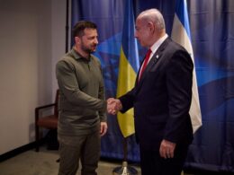 Volodymyr Zelensky and Benjamin Netanyahu shake hands during a meeting on the sidelines of the U.N. General Assembly in September 2023. The two leaders have not met since