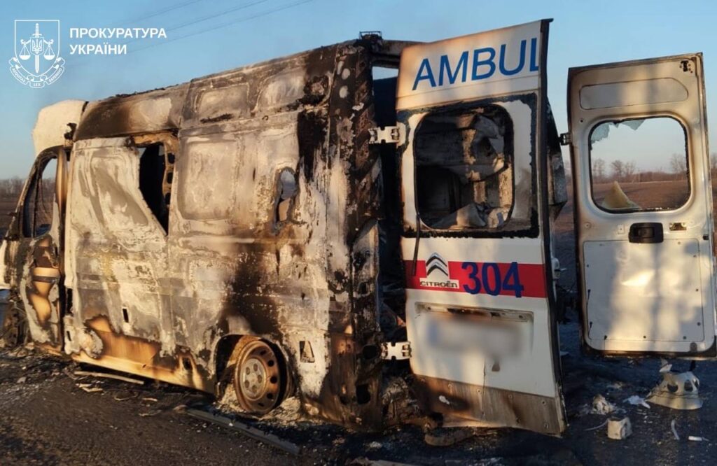 A damaged Ukrainian ambulance following a Russian FPV drone strike in Kharkiv Oblast, 15 March 2026. Photo: Kharkiv Oblast Prosecutor’s Office