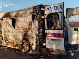 A damaged Ukrainian ambulance following a Russian FPV drone strike in Kharkiv Oblast, 15 March 2026. Photo: Kharkiv Oblast Prosecutor’s Office