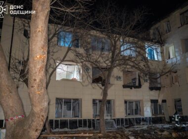 The aftermath of a Russian strike on Odesa on 28 March. Russia used over 60 drones. Source: DSNS