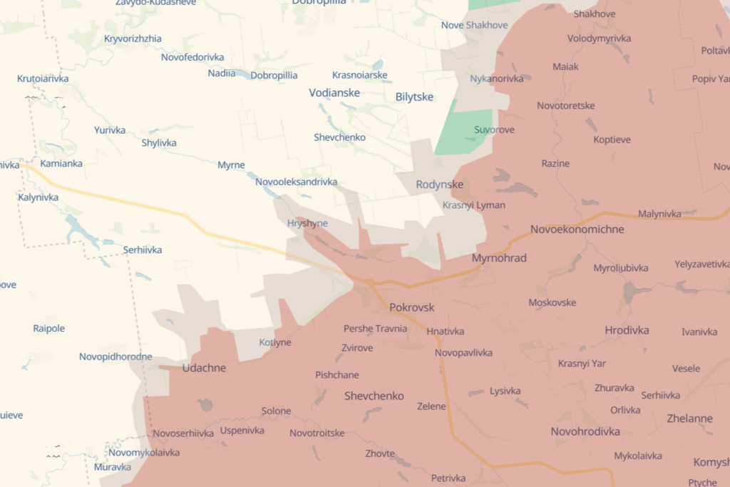 Frontline situation around Pokrovsk and Hryshyne, Donetsk Oblast, 17 March 2026. Map: DeepState