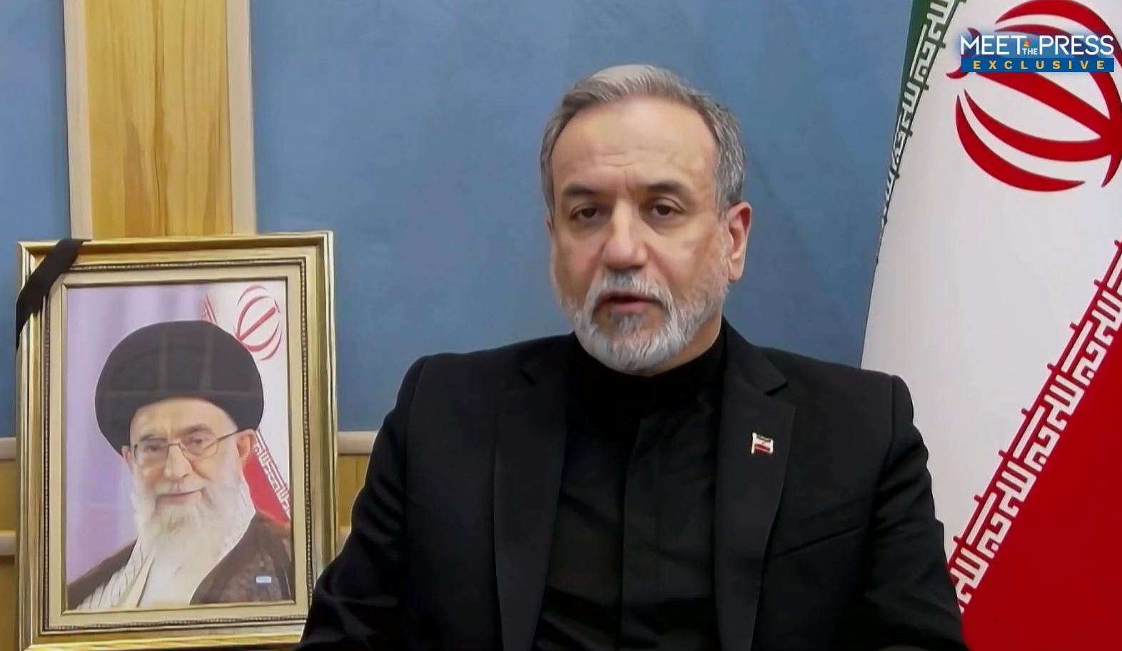 iranian foreign minister won't deny russia feeding tehran intelligence american warships · post abbas araghchi speaks nbc's meet press 8 2026 black-draped portrait late supreme leader ayatollah ali khamenei visible