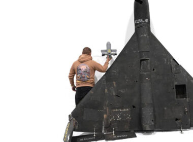 qatar want ukraine's shahed killers zelenskyy wants patriot missiles return · post man holds sting interceptor drone costing $2100 reaching up 343 km/h next downed russian shahed-136 scale sting-interceptor-drone-by-wild-hornets early-stage